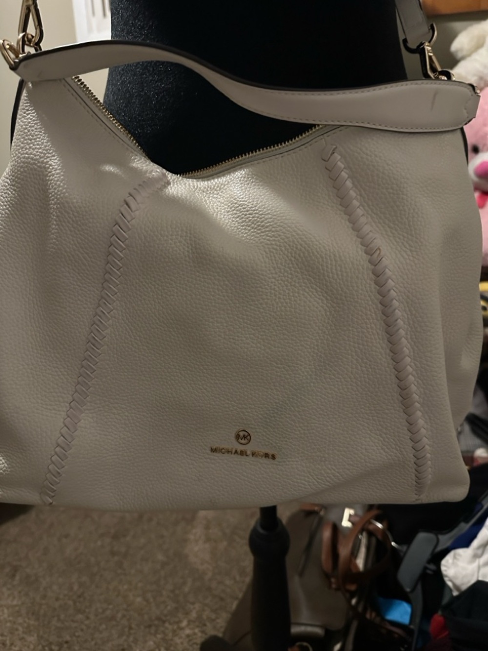 Michael Kors Cream Pebbled Leather Shoulder Hobo with Braided Trim